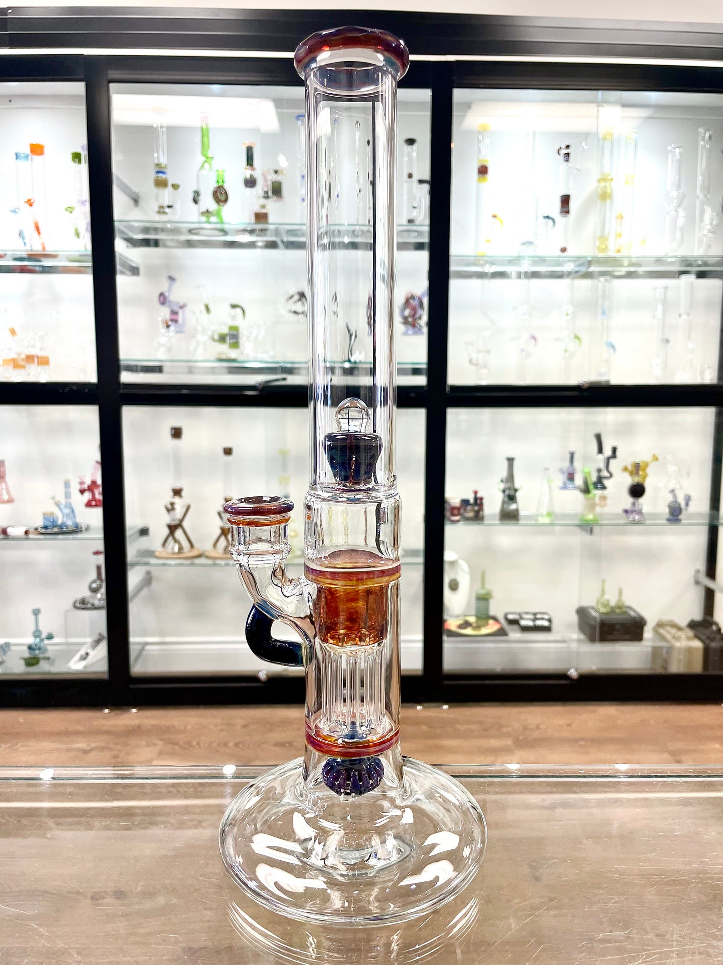 Blazed Mini Pillar Tube w/ Hollow Foot & Straight Neck (Double Bore) - Double Amber Purple w/ Opal