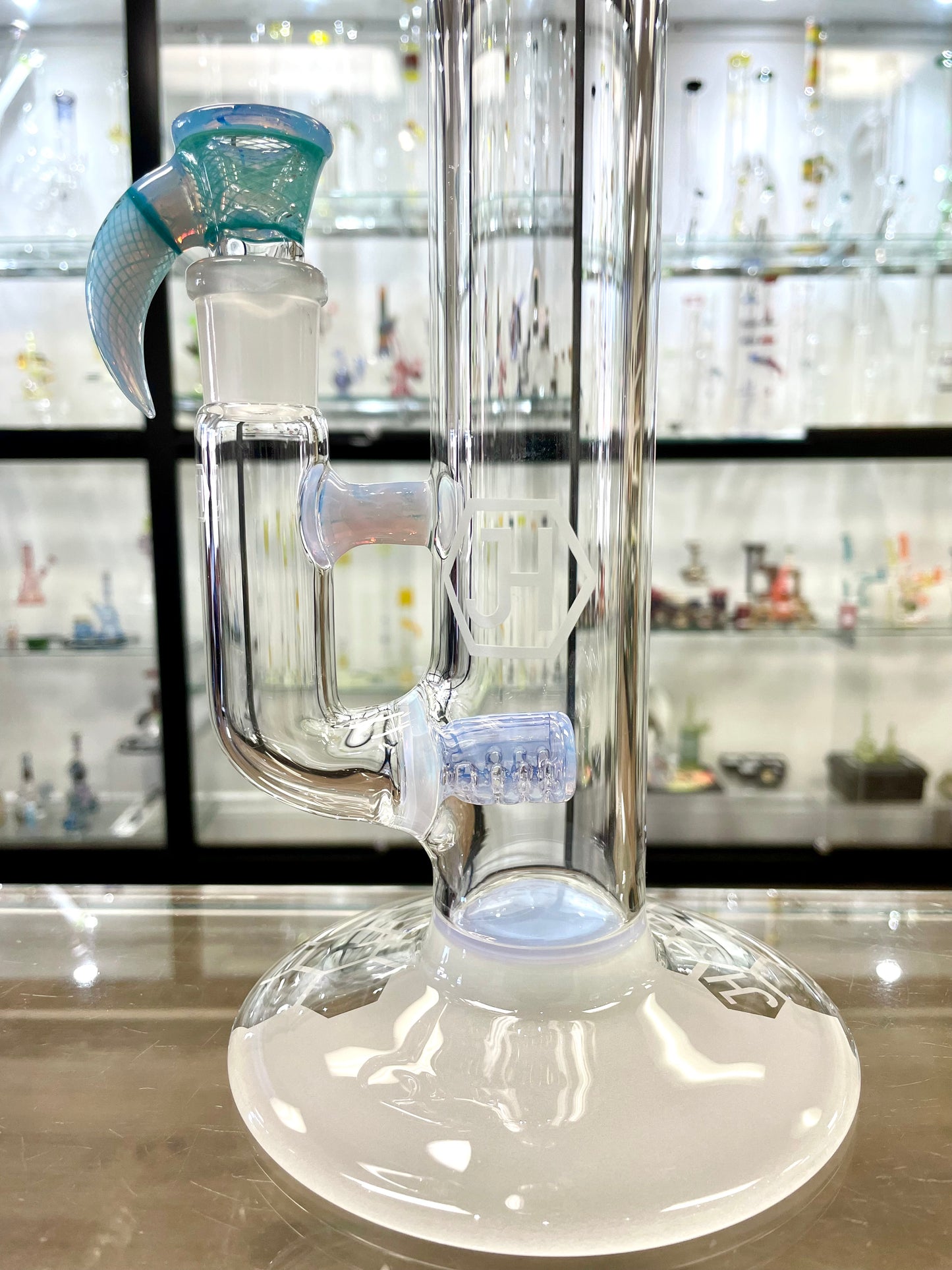 Jhoney 17.5" Colour Stemline w/ Retti Splash Guard - Neo Opal colour accents, Aqua Retti Perc