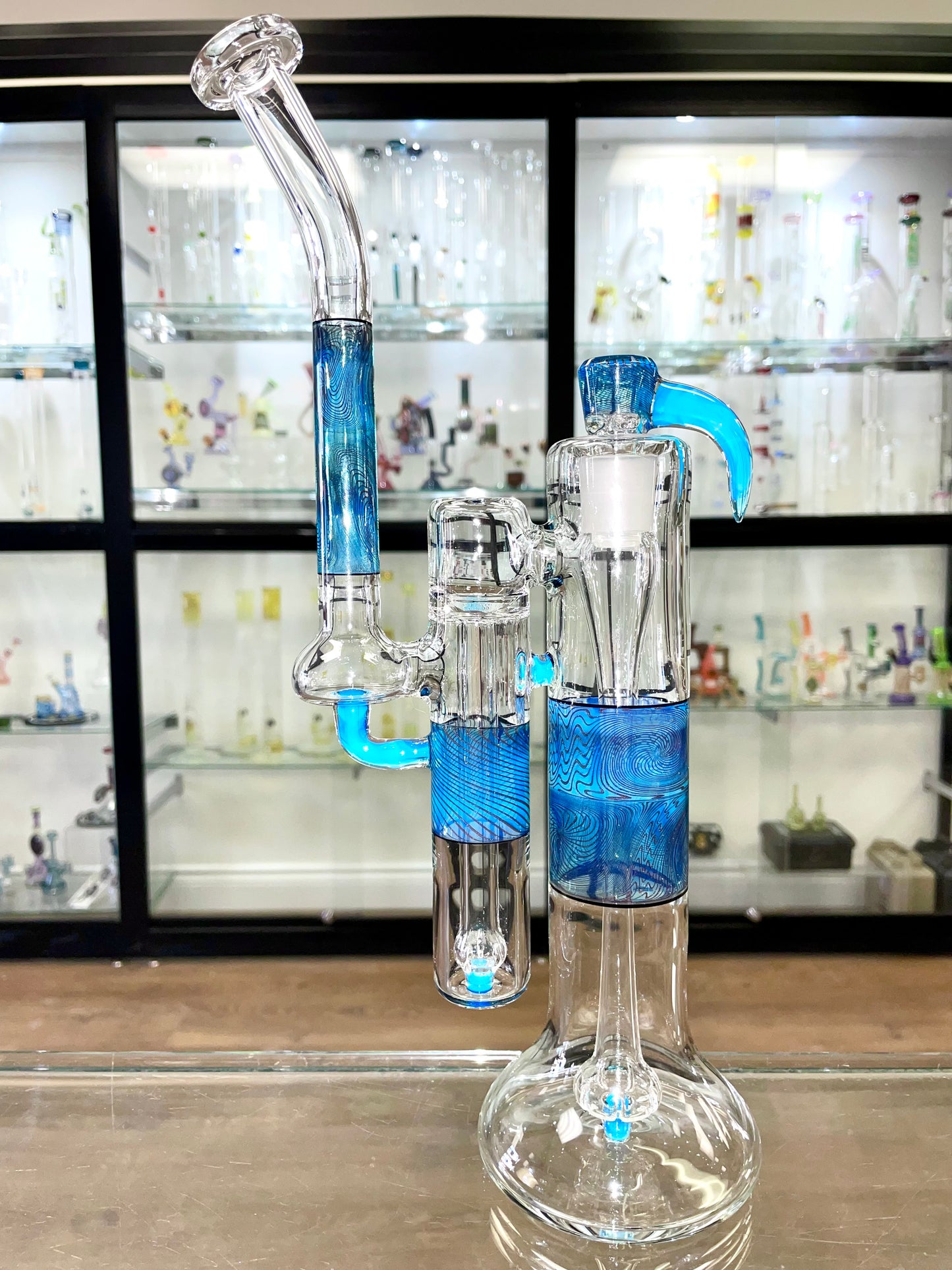 Green Belt Worked Double Bubbler - Meta & Disco Sparkle Line Work w/ Matching Bowl