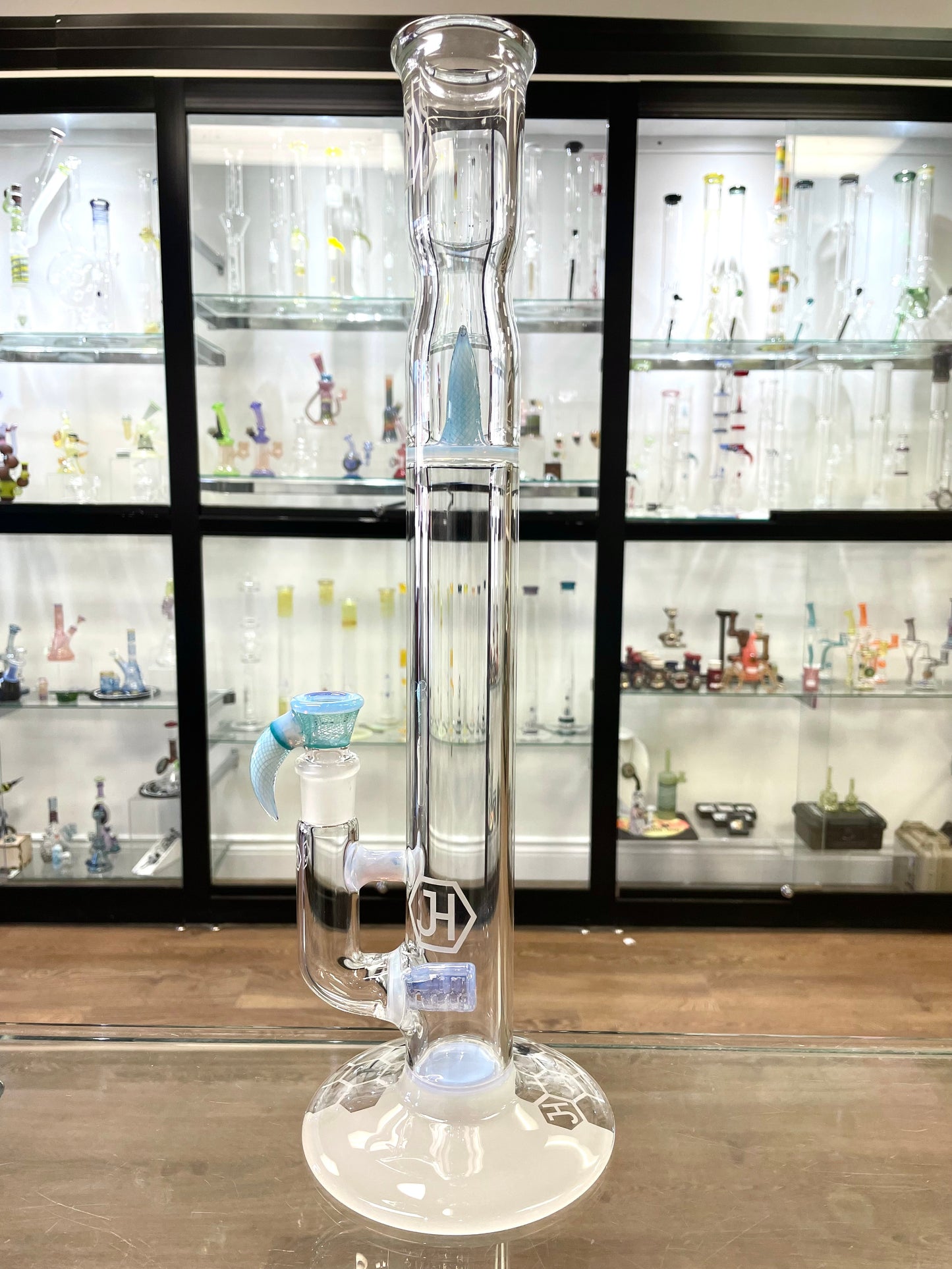 Jhoney 17.5" Colour Stemline w/ Retti Splash Guard - Neo Opal colour accents, Aqua Retti Perc