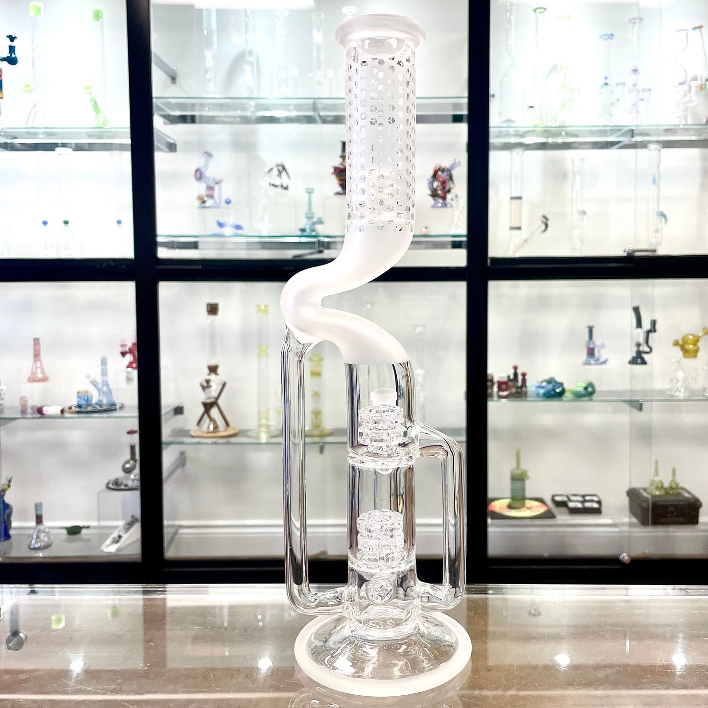 Gnob Glass Bent Neck Prototype Dual Drain Recycler w/ Sandblasting - #17