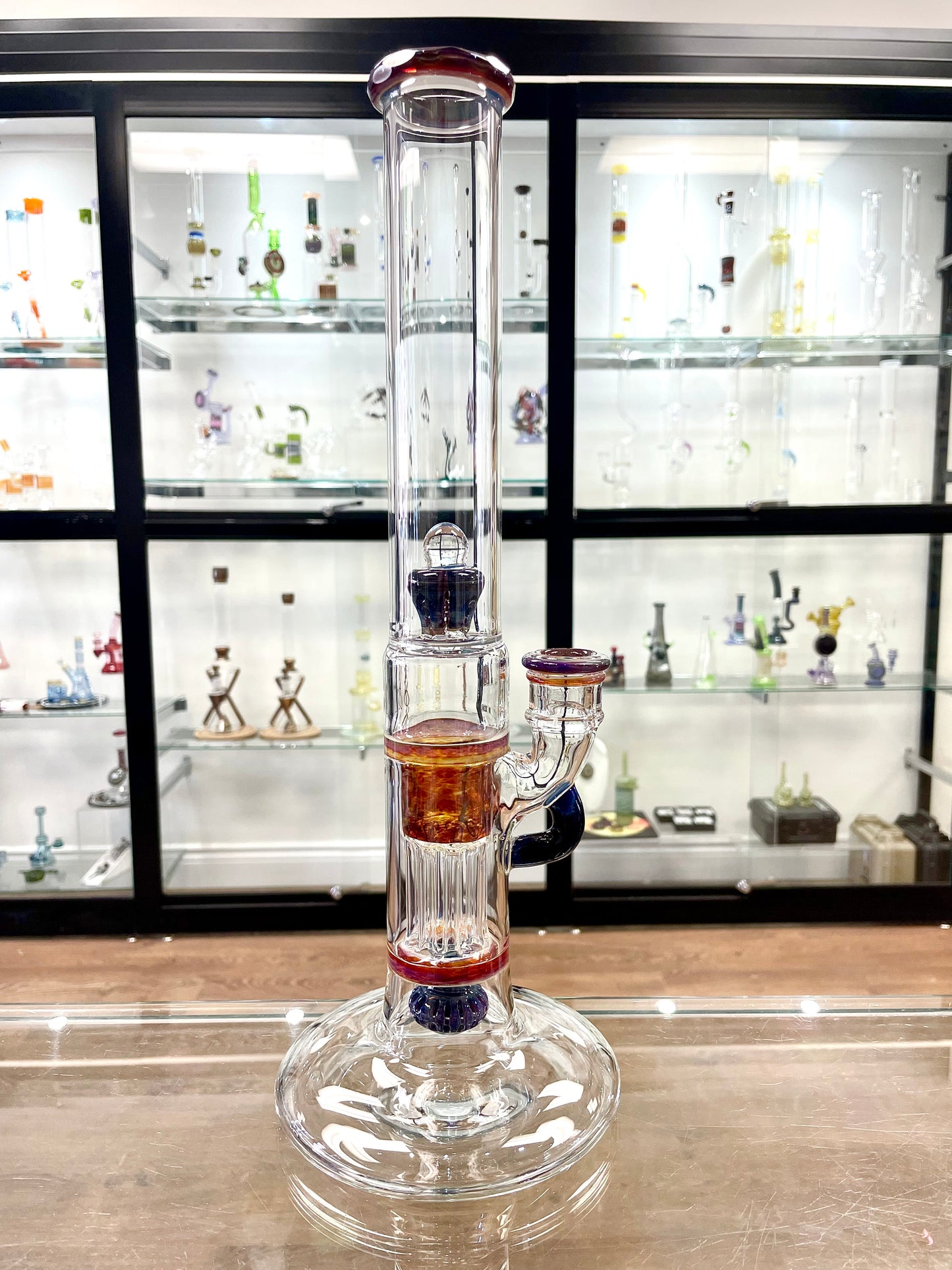 Blazed Mini Pillar Tube w/ Hollow Foot & Straight Neck (Double Bore) - Double Amber Purple w/ Opal