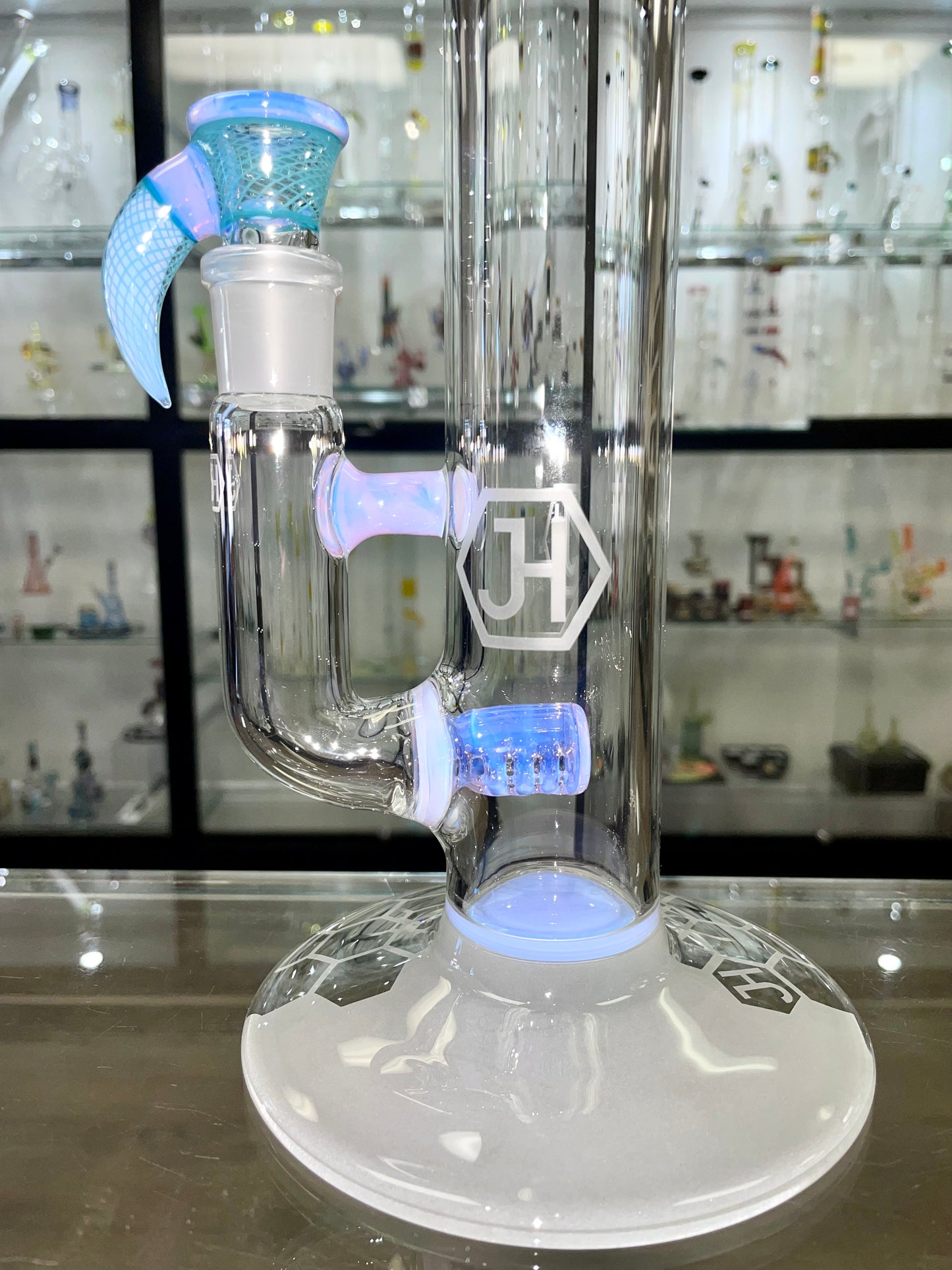 Jhoney 17.5" Colour Stemline w/ Retti Splash Guard - Neo Opal colour accents, Aqua Retti Perc