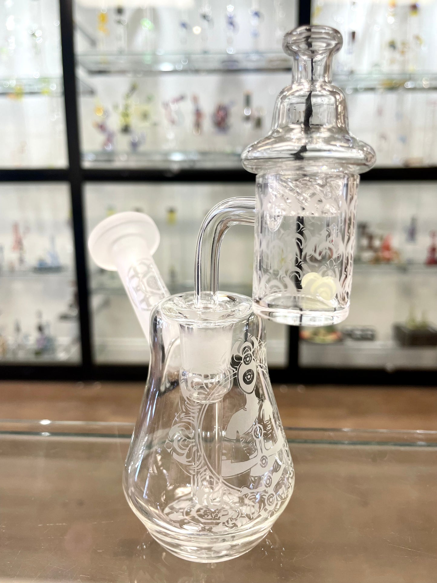 Compact Travel Etched Dab Rig Set - 5.5" - w/ 14mm Banger, Pearls, Spinner Cap