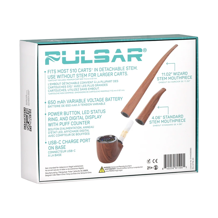 Pulsar 510 DL Wizard Pipe Variable Voltage Cartridge Vape - 650mAh - Ensorcelled Ebony